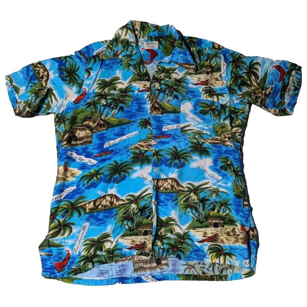 VTG NATIONAL SPORT SHIRTS MANHATTAN Men Large Blue‎ Tropical Jamaican Camp Shirt